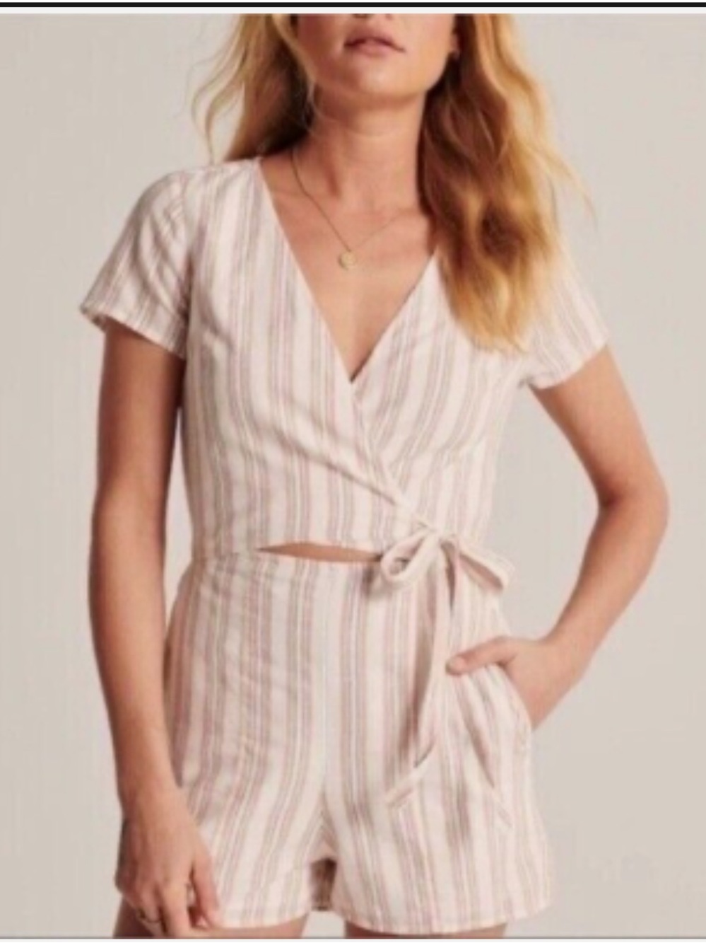 Abercrombie & Fitch Neutral Stripe Short Sleeve Wrap Romper